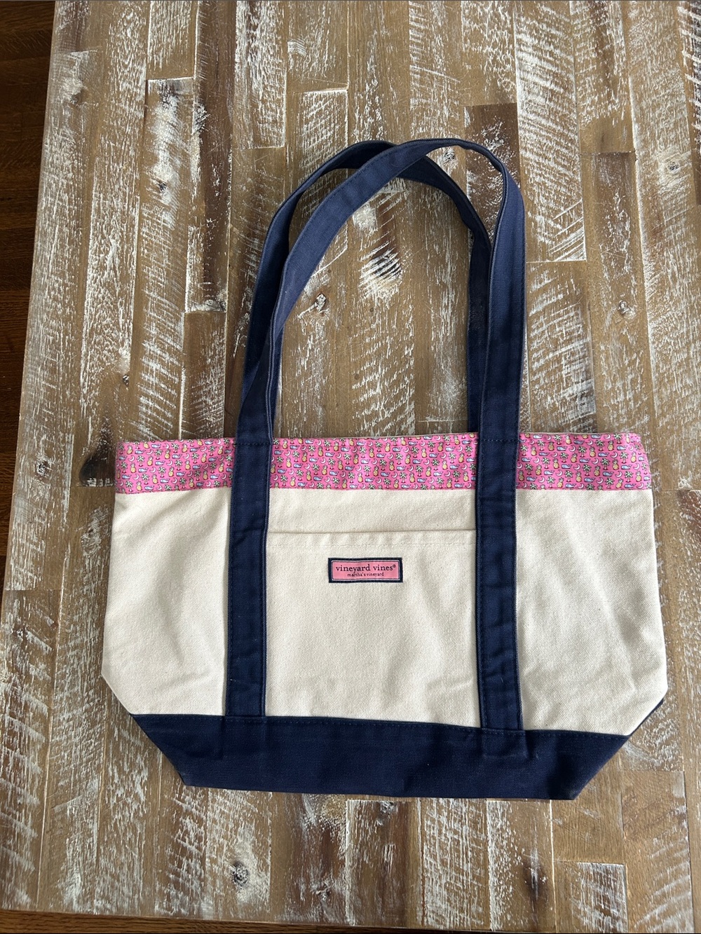 Vineyard Vines Cream Canvas Tote with Navy Straps and Pink Pattern Trim